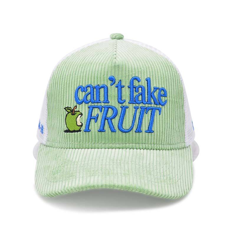 Mint Green Corduroy Trucker Cap with Embroidered Fruit Logo and Mesh Back Panels