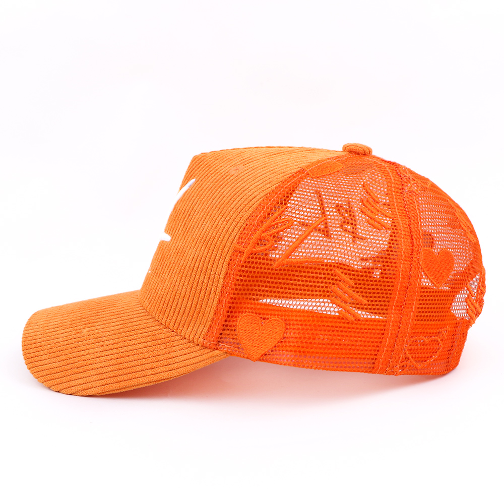 Orange Corduroy Trucker Hat with Be Love Embroidered Logo
