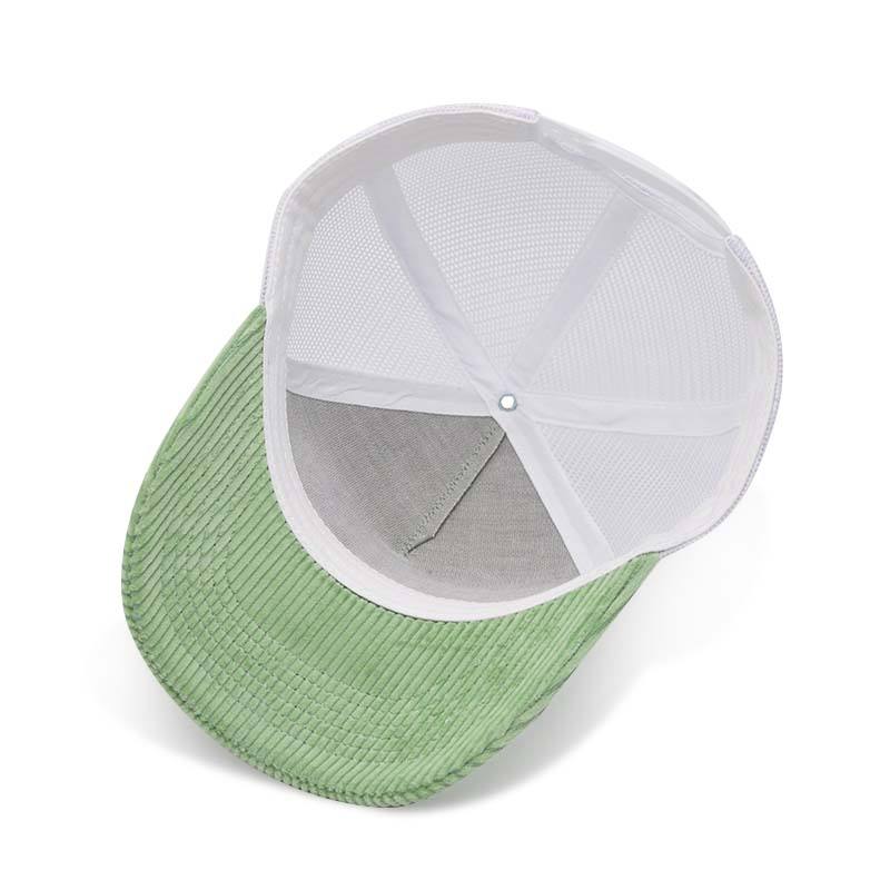 Mint Green Corduroy Trucker Cap with Embroidered Fruit Logo and Mesh Back Panels