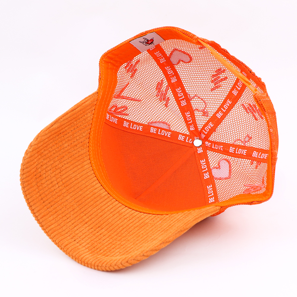 Orange Corduroy Trucker Hat with Be Love Embroidered Logo