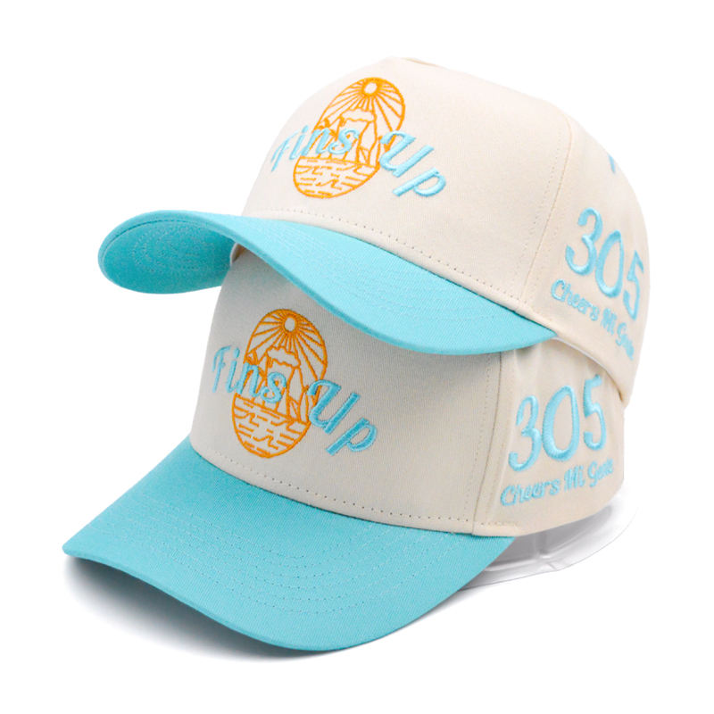 Two-Tone Flat Embroidered Fins Up 305 Cheers Miami Style 5-Panel Cotton Twill Baseball Cap