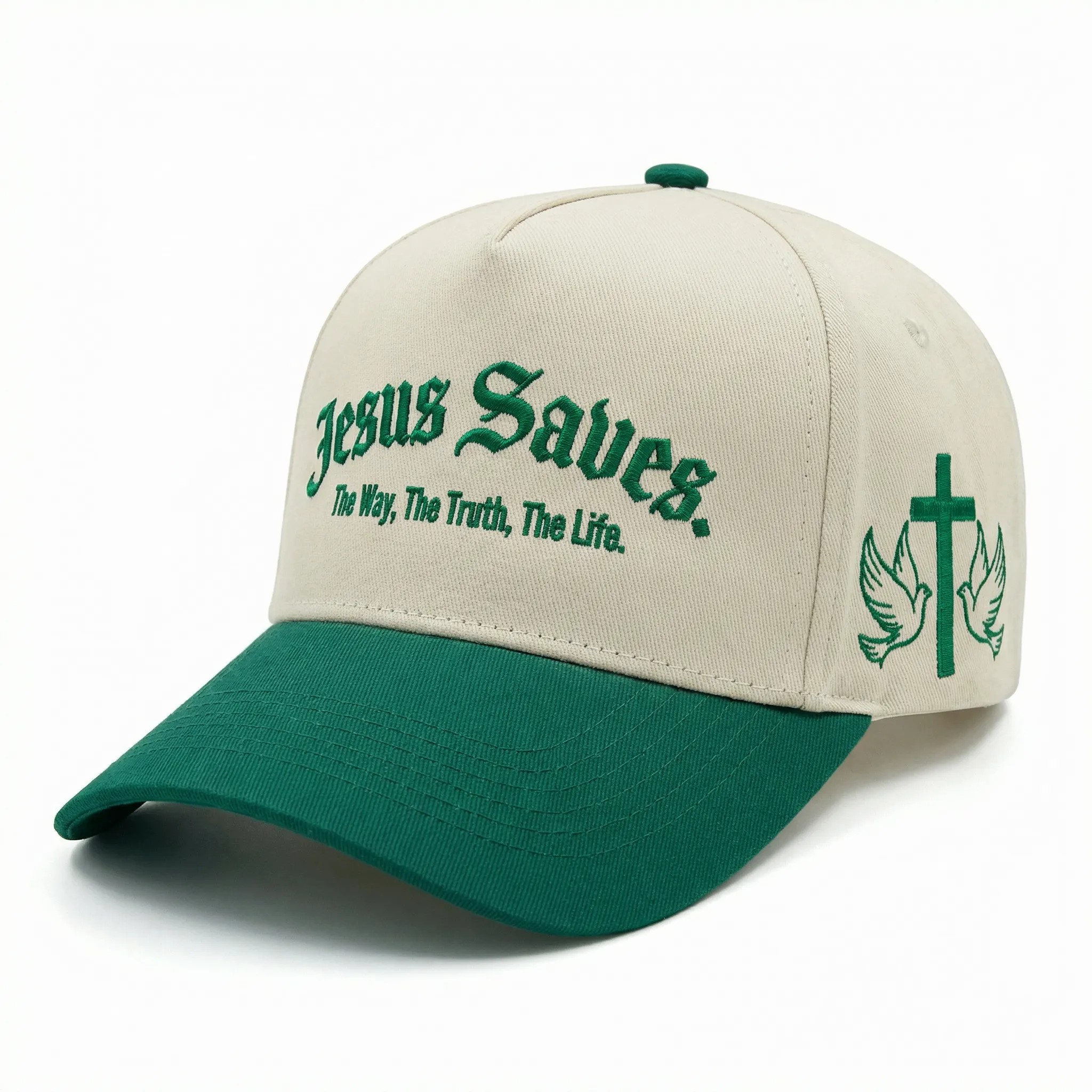 Cream and Green Jesus Saves Two-Tone Embroidered Baseball Cap