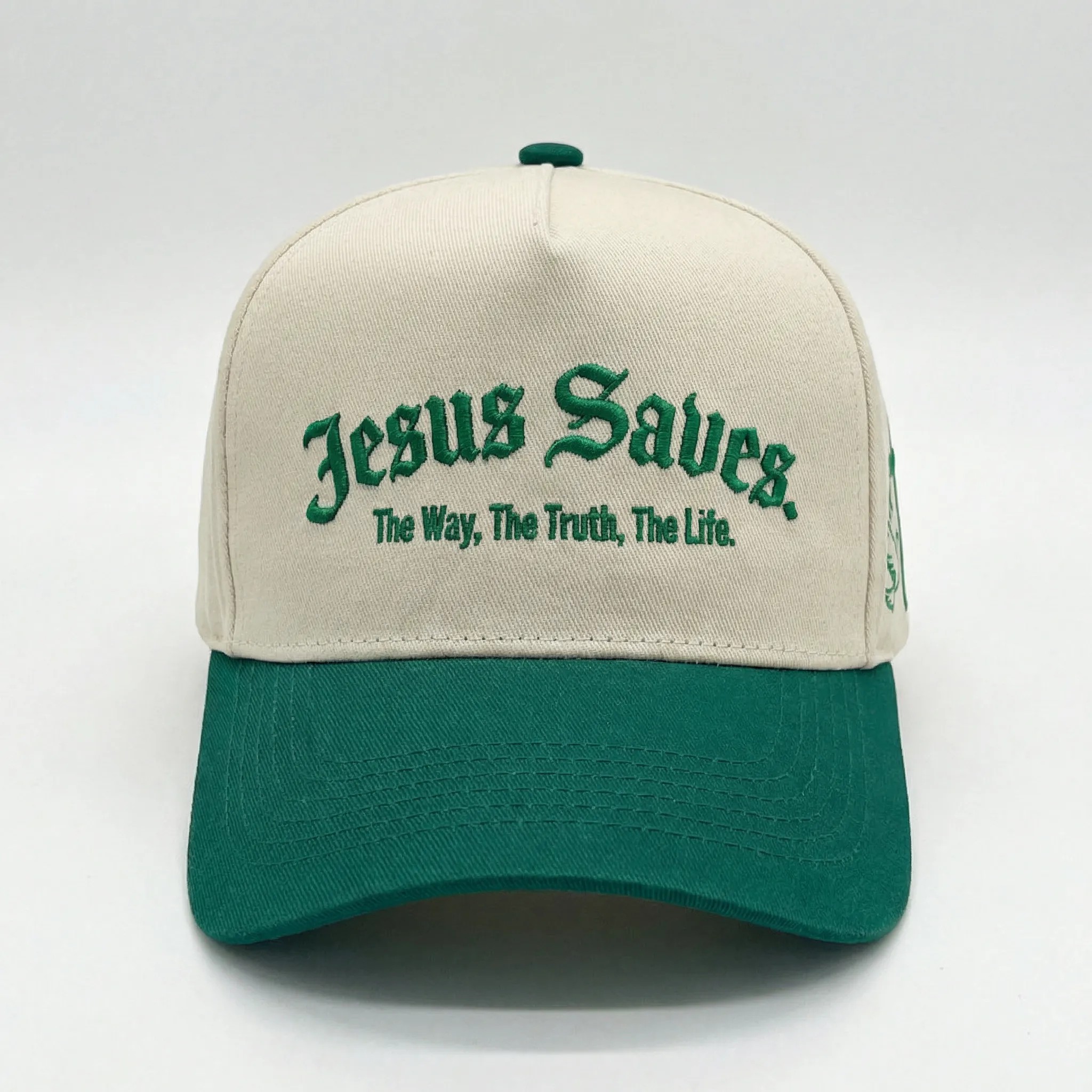 Cream and Green Jesus Saves Two-Tone Embroidered Baseball Cap