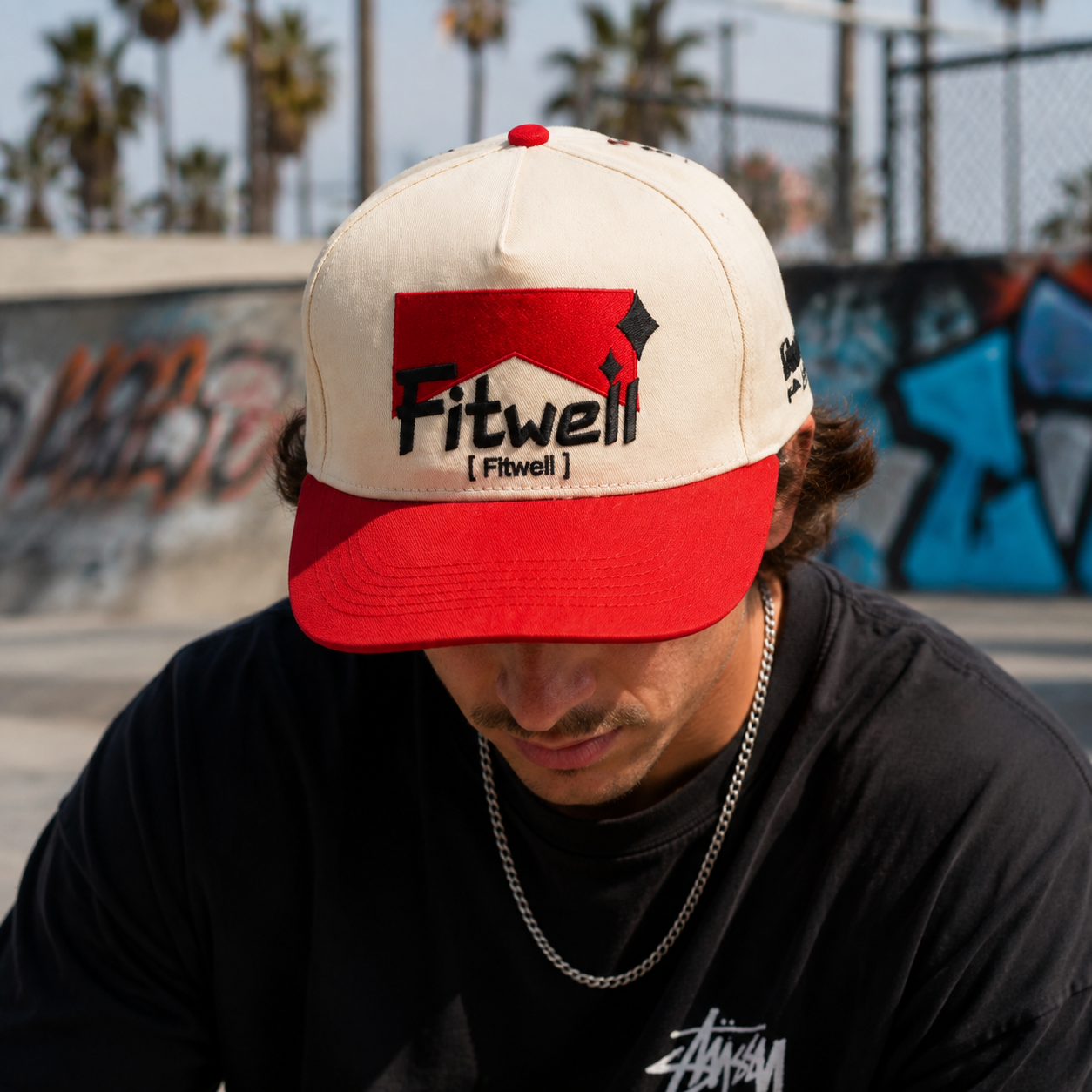Two Tone Beige and Red Baseball Cap with Flat Embroidered Logo and Adjustable Strap Closure