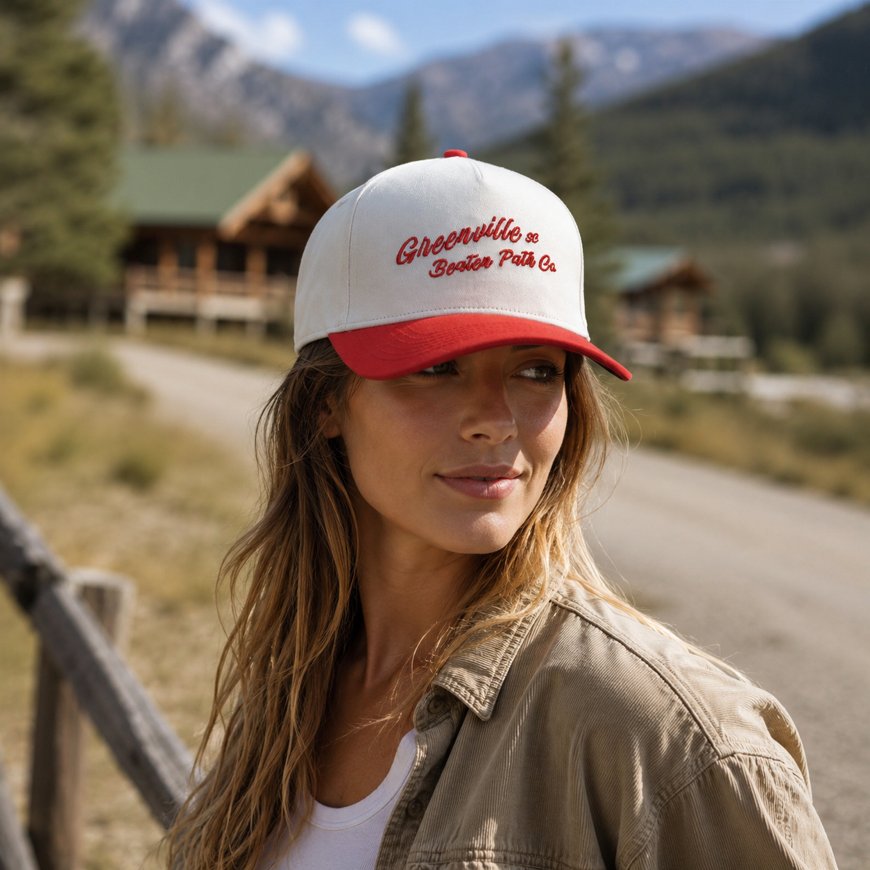 Cream Red Flat Embroidered Script Baseball Cap