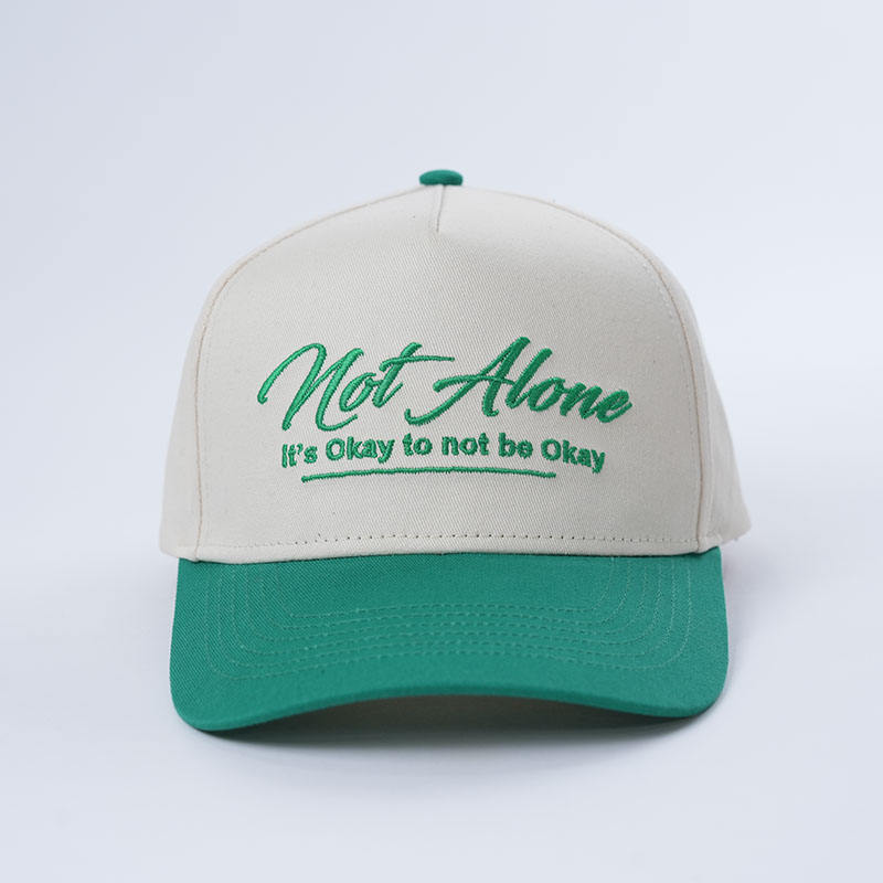 Cream and Green Two Tone Baseball Cap with Script Embroidery