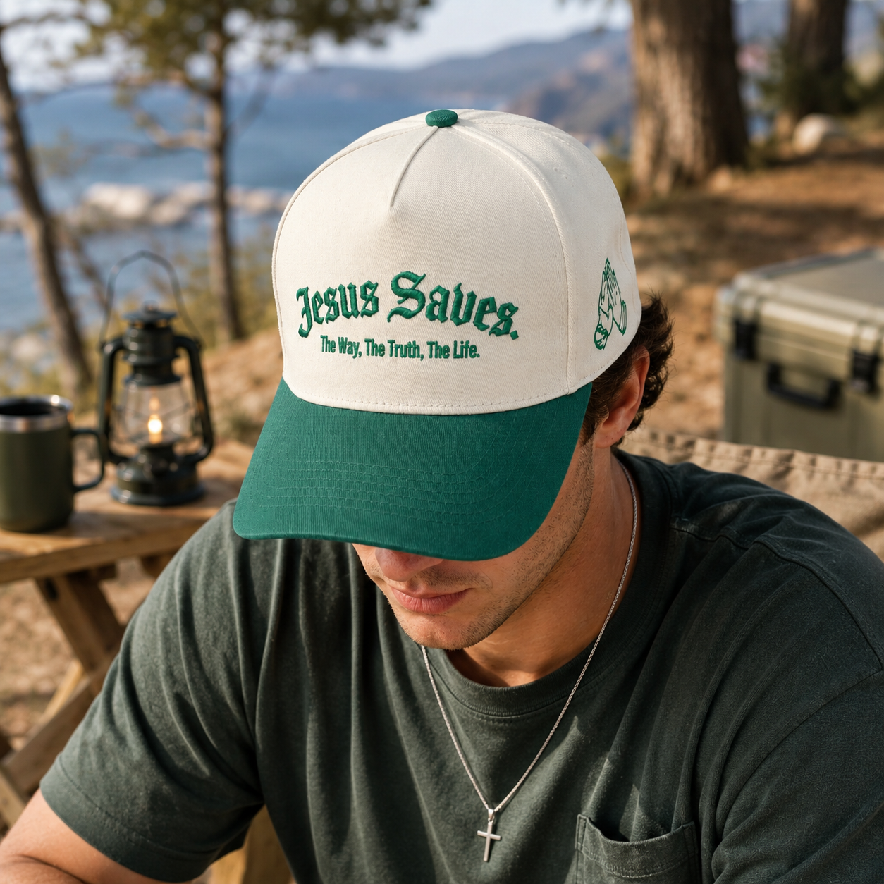Cream and Green Jesus Saves Two-Tone Embroidered Baseball Cap