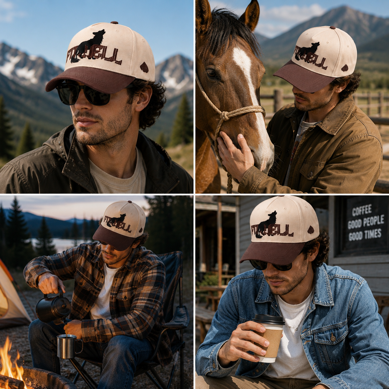 Beige and Brown Wolf Graphic Five-Panel Snapback Cap