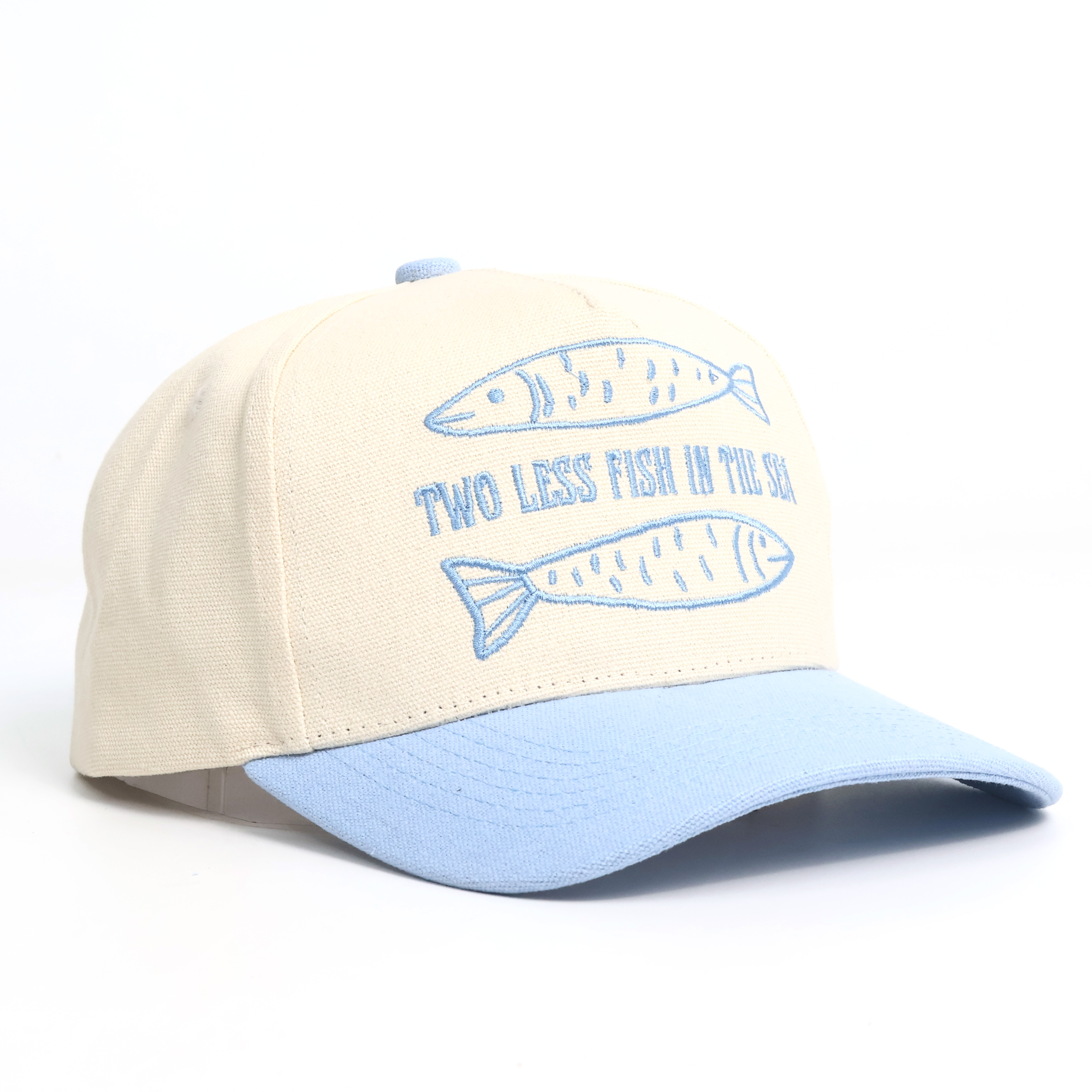 Cream & Light Blue Two-Tone 5-Panel Cotton Twill Baseball Cap with Fish Embroidery & Curved Brim