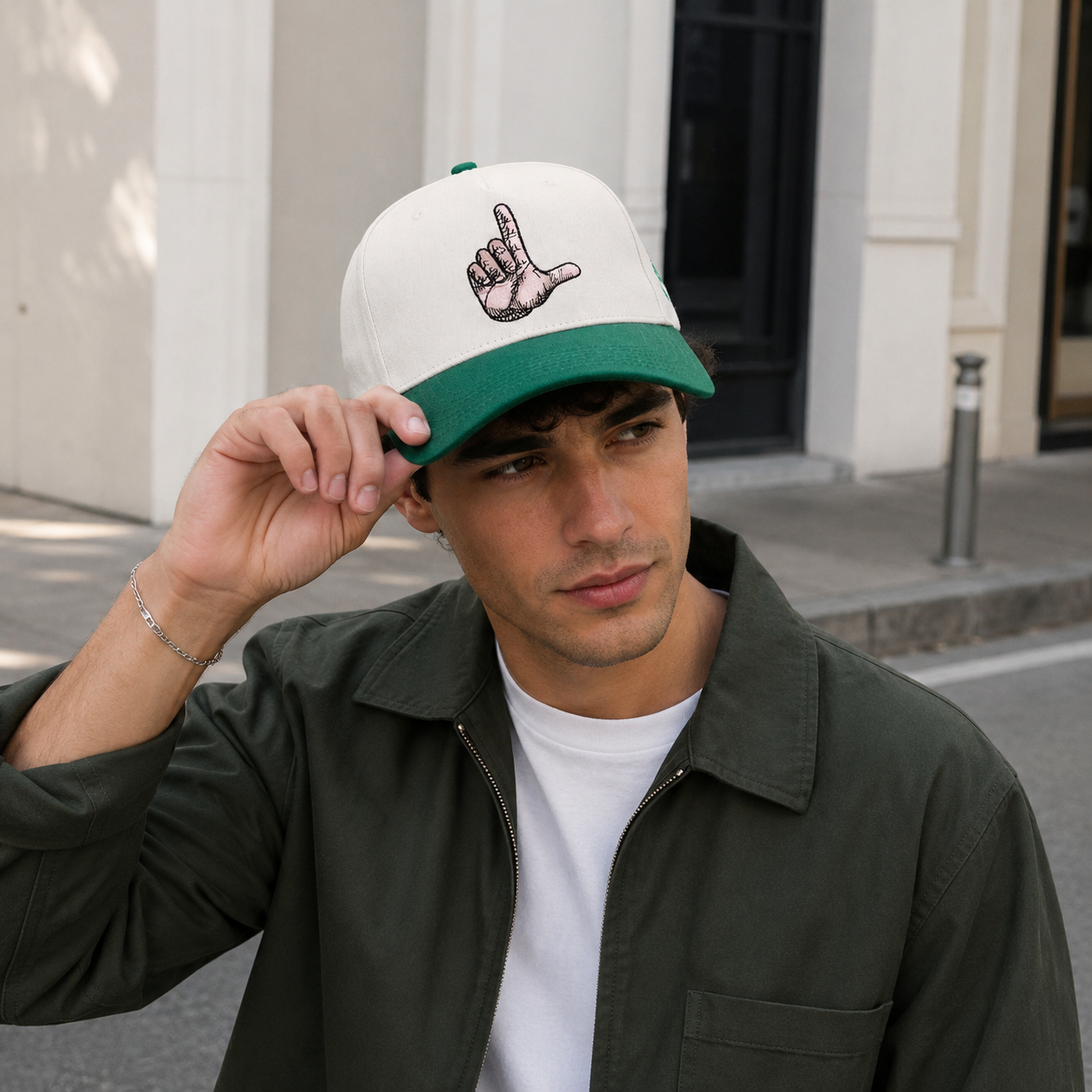 Cream and Green Two-Tone Hand Logo Baseball Cap