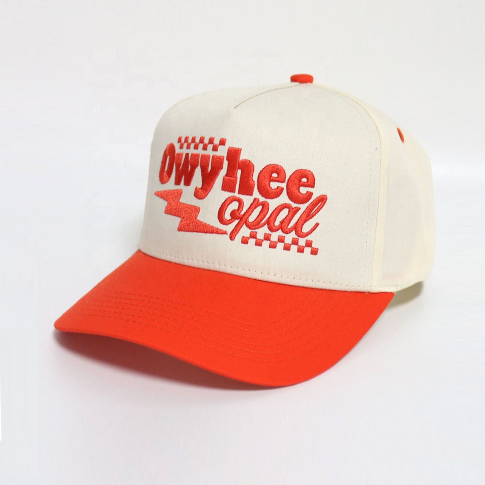 Cream and Orange Two-Tone 5-Panel Cotton Twill Baseball Cap with Flat Embroidered Logo