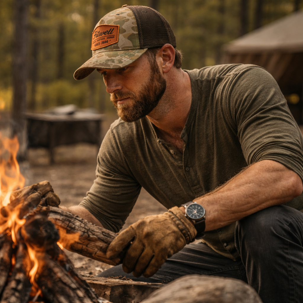 Camo Mesh Trucker Hat with Embossed Leather Patch – Western Outdoor Style