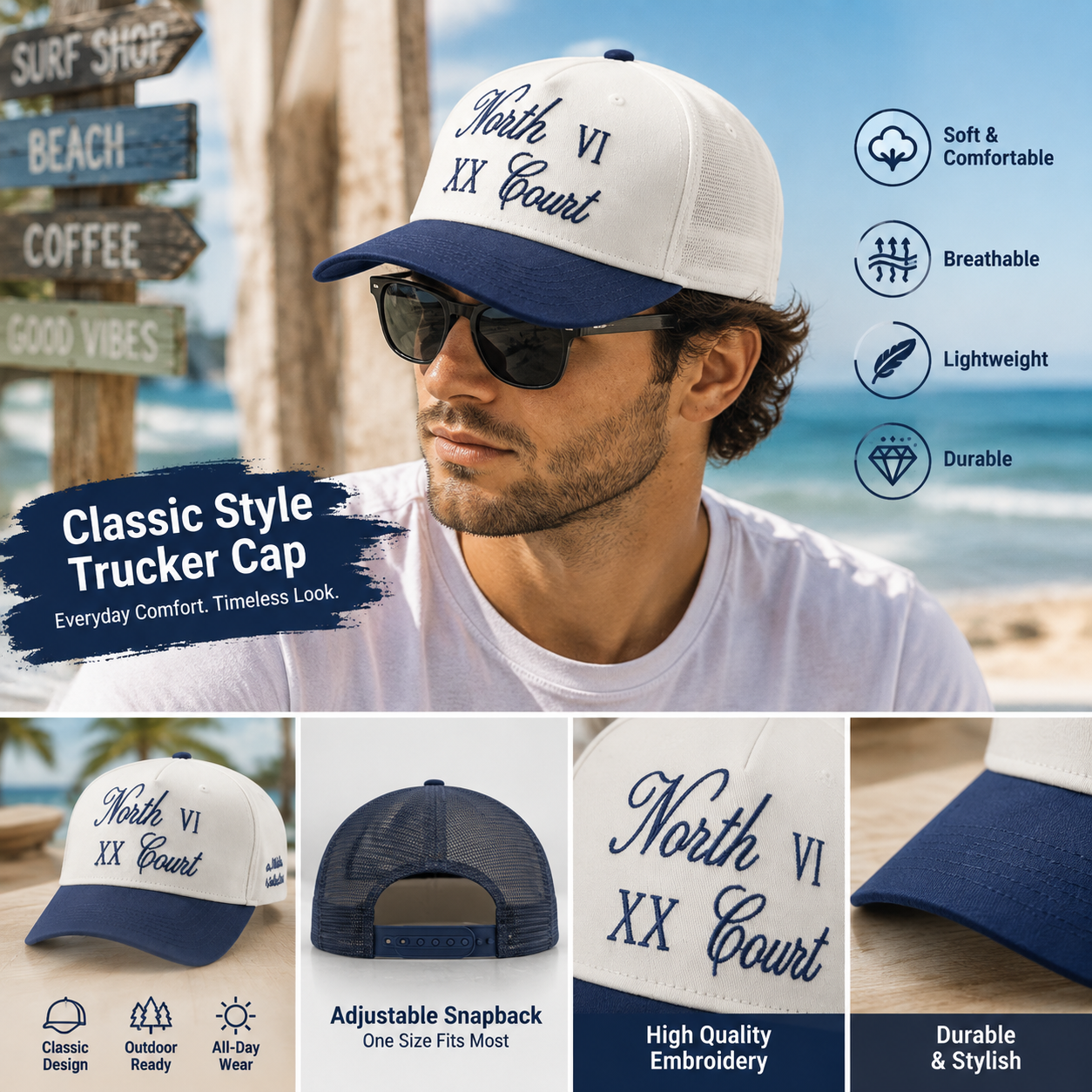 Cream and Navy Five Panel Baseball Cap with Script Roman Numeral Embroidery
