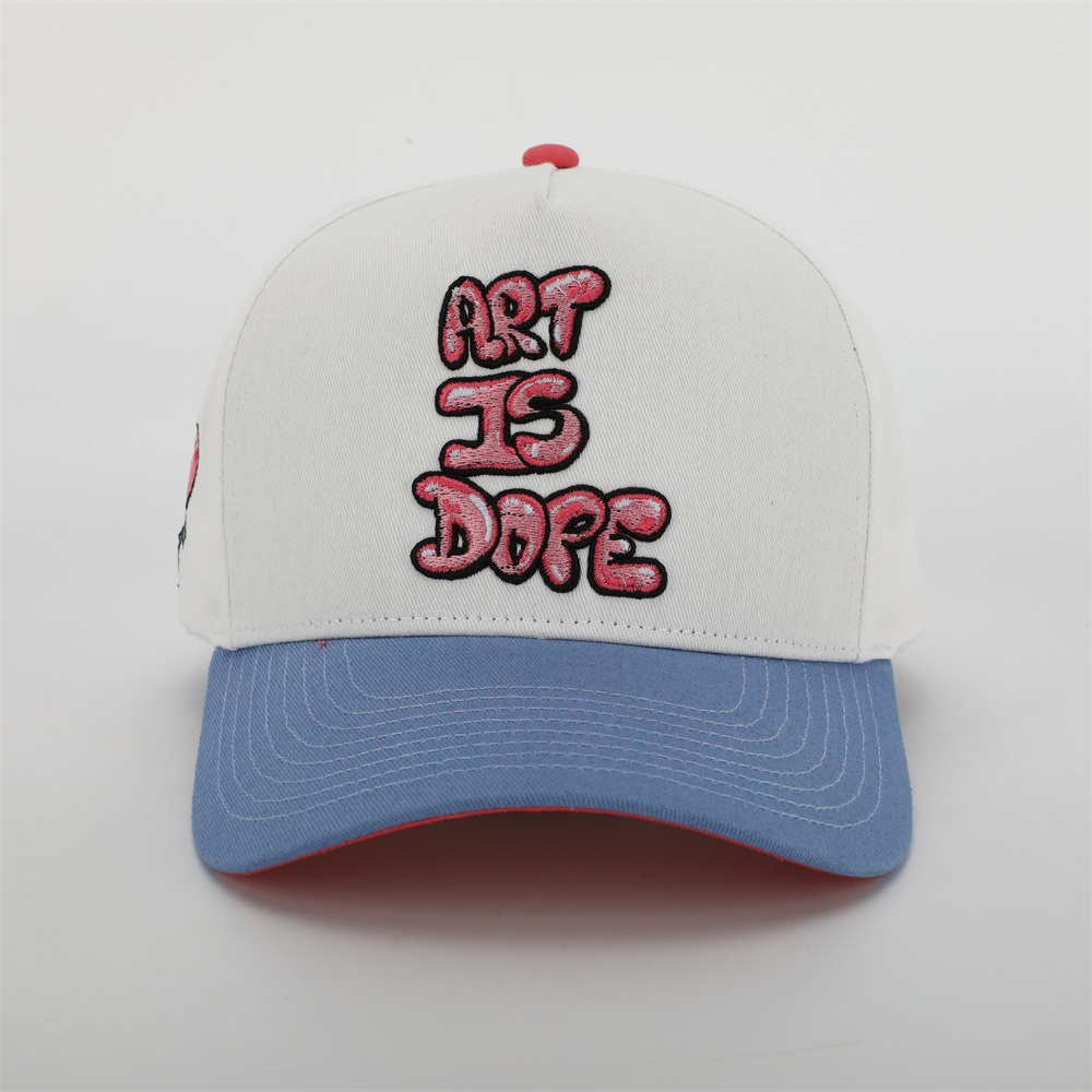 White and Blue Two-Tone Five-Panel Cotton Twill Baseball Cap with Pink ART IS DOPE Embroidery and Curved Brim