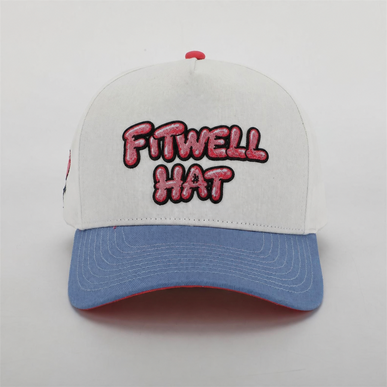 White and Blue Two-Tone Five-Panel Cotton Twill Baseball Cap with Pink ART IS DOPE Embroidery and Curved Brim