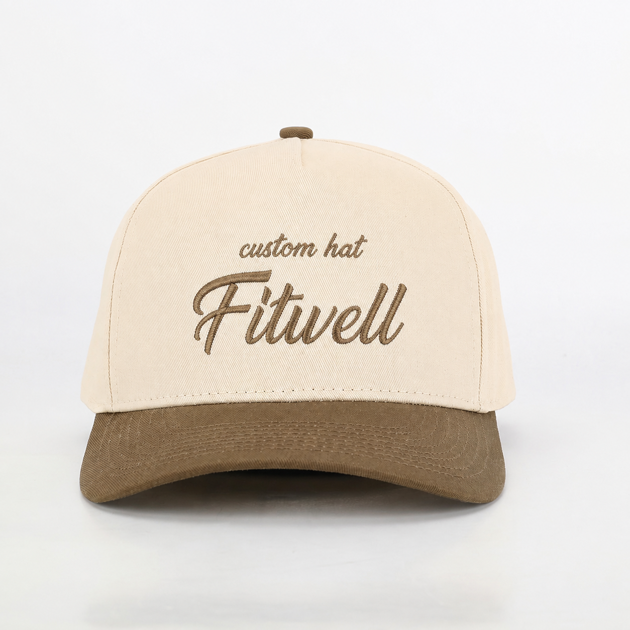 Two-Tone Cream and Khaki 5 Panel Cotton Twill Baseball Cap with Flat Embroidered Script Logo