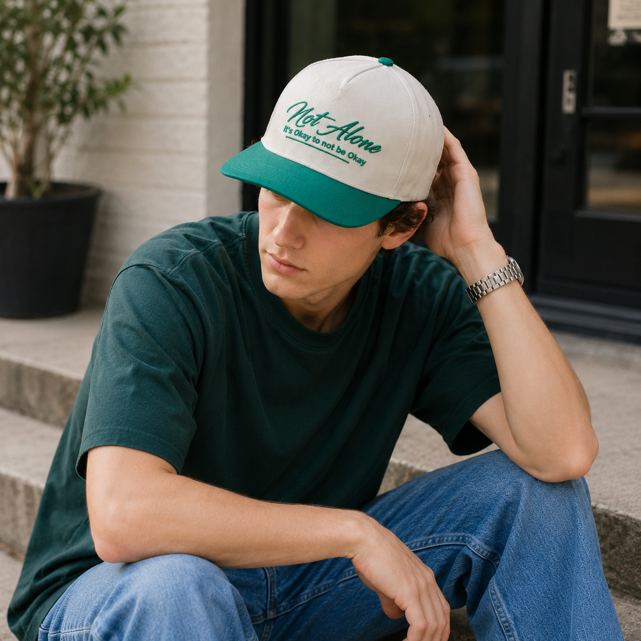 Cream and Green Two Tone Baseball Cap with Script Embroidery