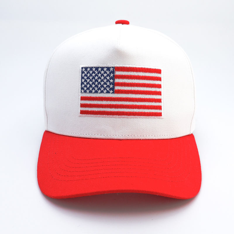 White Two Tone Cotton Twill Baseball Caps with Embroidered USA Flag Patch