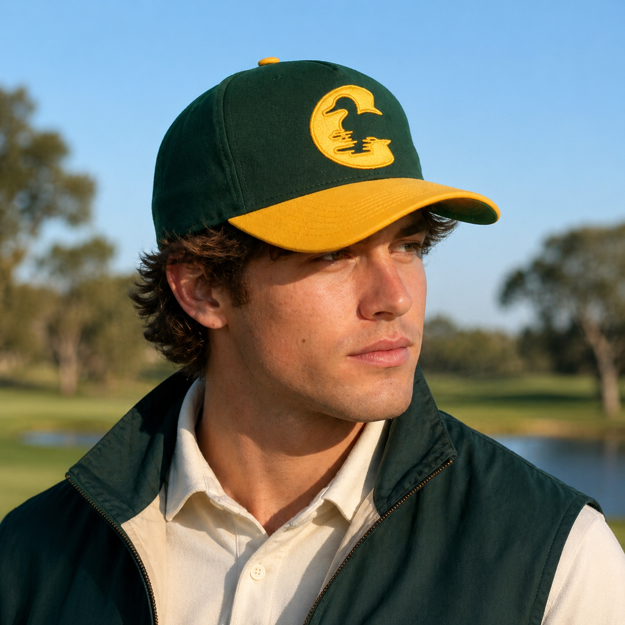 Green Yellow Two Tone Flat Embroidered Letter Baseball Cap Cotton Twill Hat