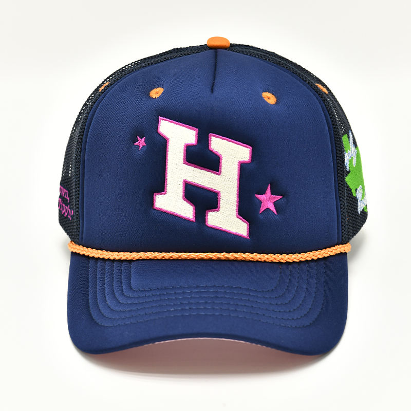 Foam Front Mesh Trucker Cap with Flat Embroidered Letter Patch & Rope Detail