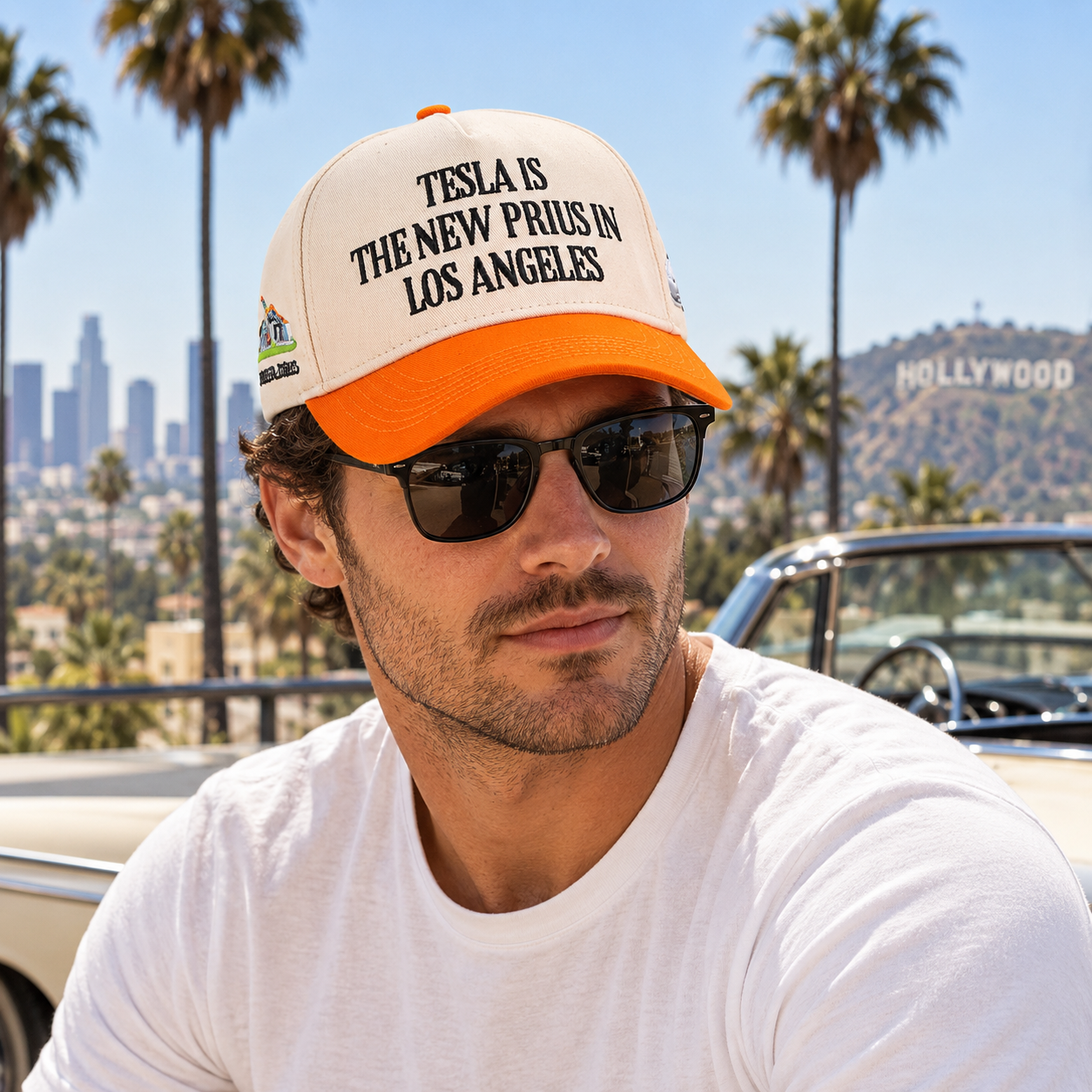 Cream and Orange Five Panel Baseball Cap with Black Statement Embroidery