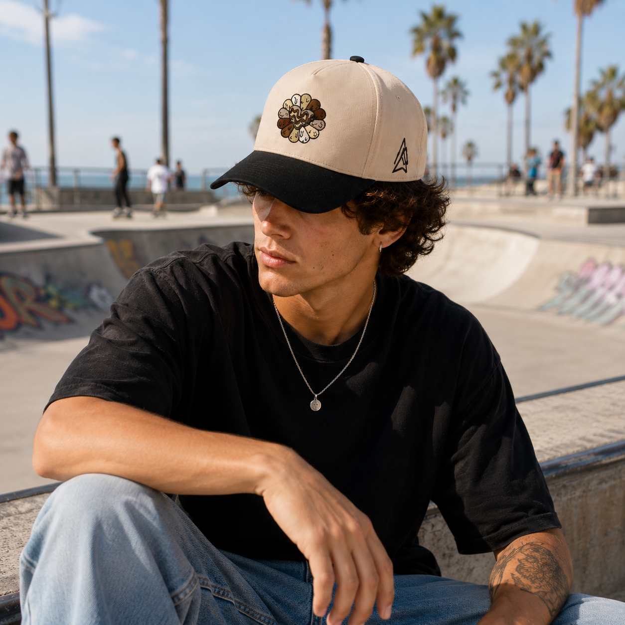 Flower Embroidered Two Tone Cotton Twill Baseball Cap