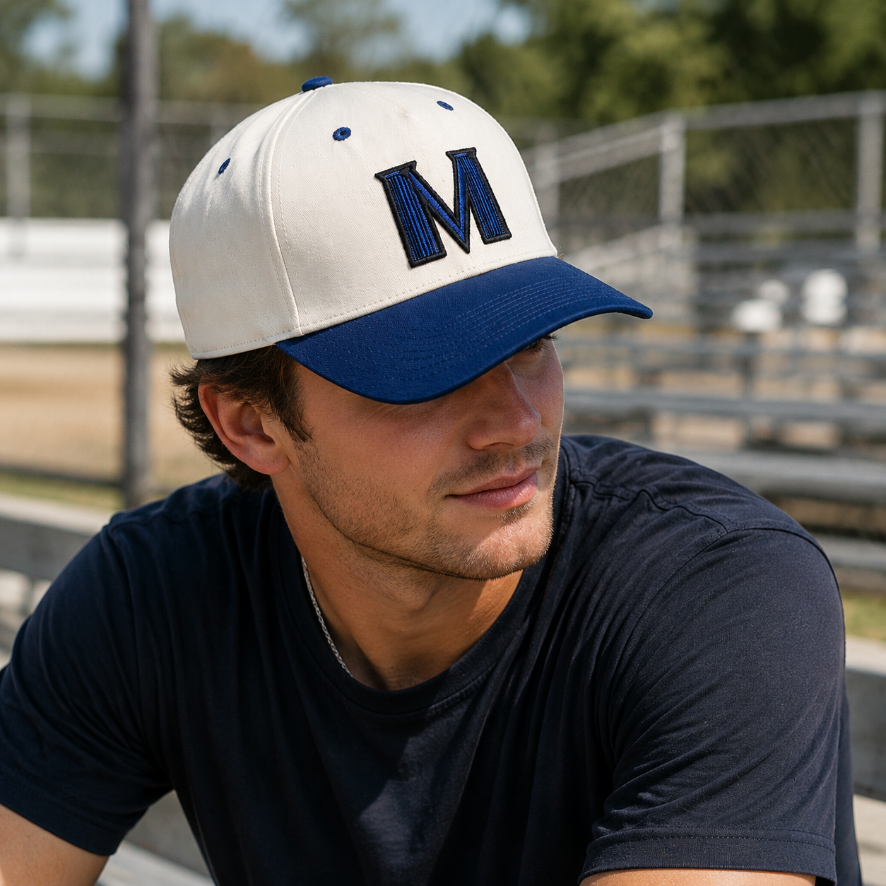 Two Tone Curved Brim Baseball Cap with Flat M Embroidery