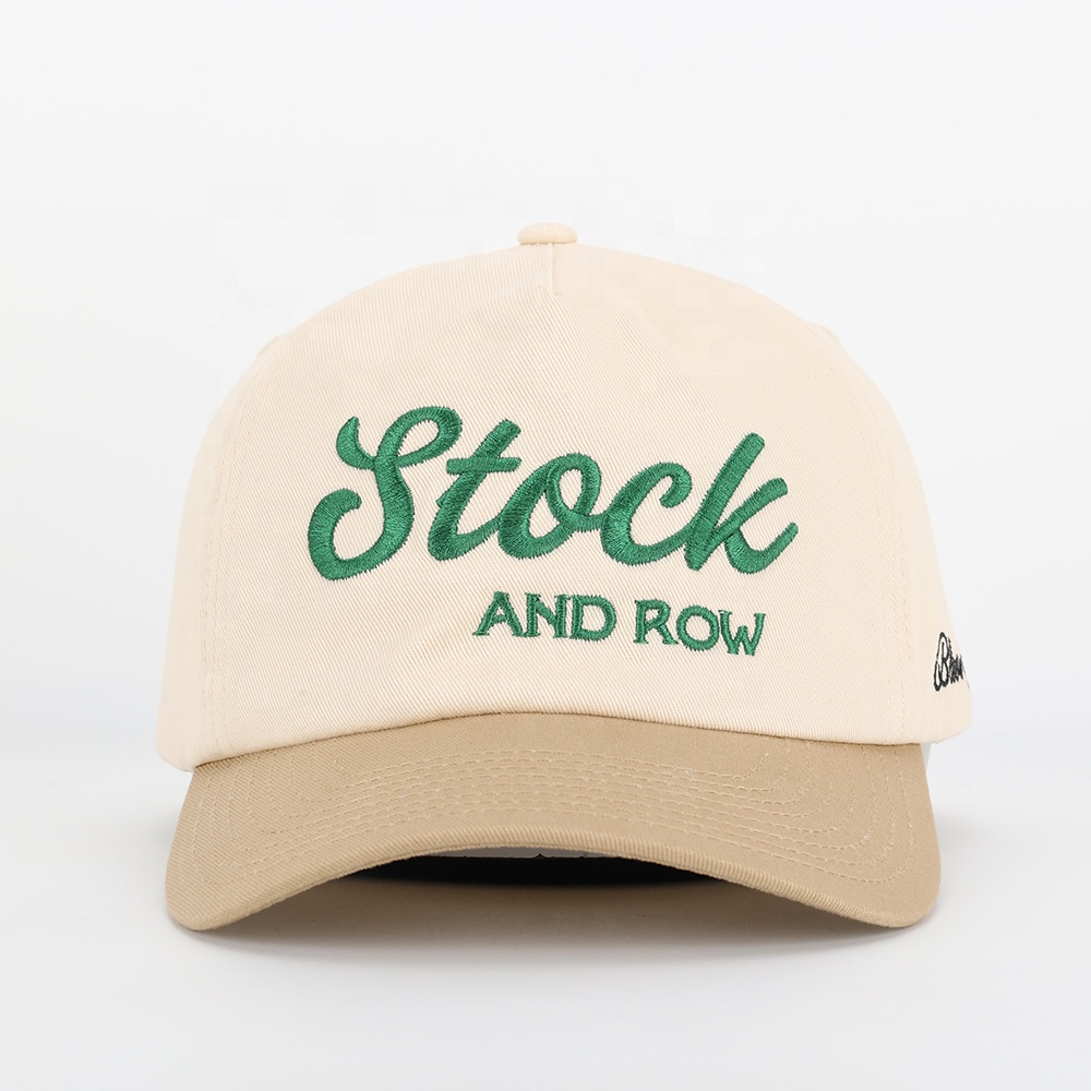 Cream Khaki Two-Tone 5-Panel Cotton Twill Baseball Cap with Green Script Embroidery