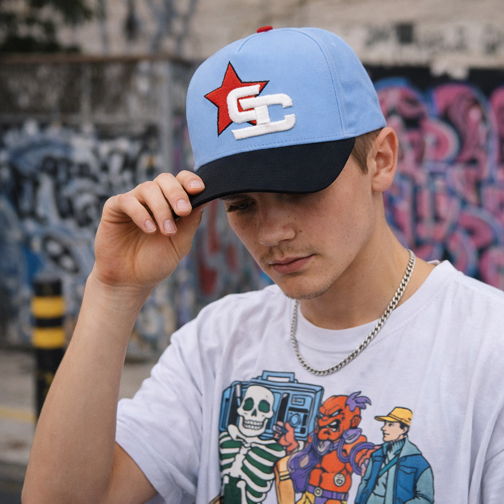 Light Blue and Black Star Logo 5 Panel Baseball Cap