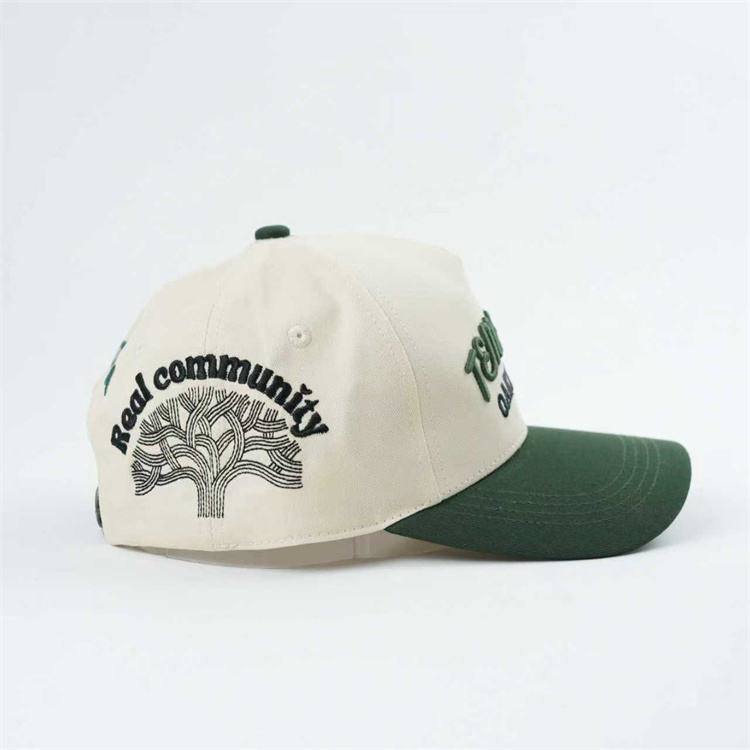 Cream and Forest Green Raised Embroidery Five-Panel Baseball Cap