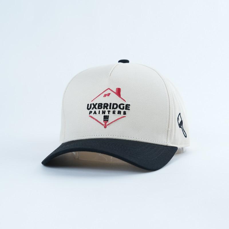 Ivory and Black Five-Panel Baseball Cap with Red Black Embroidered Logo