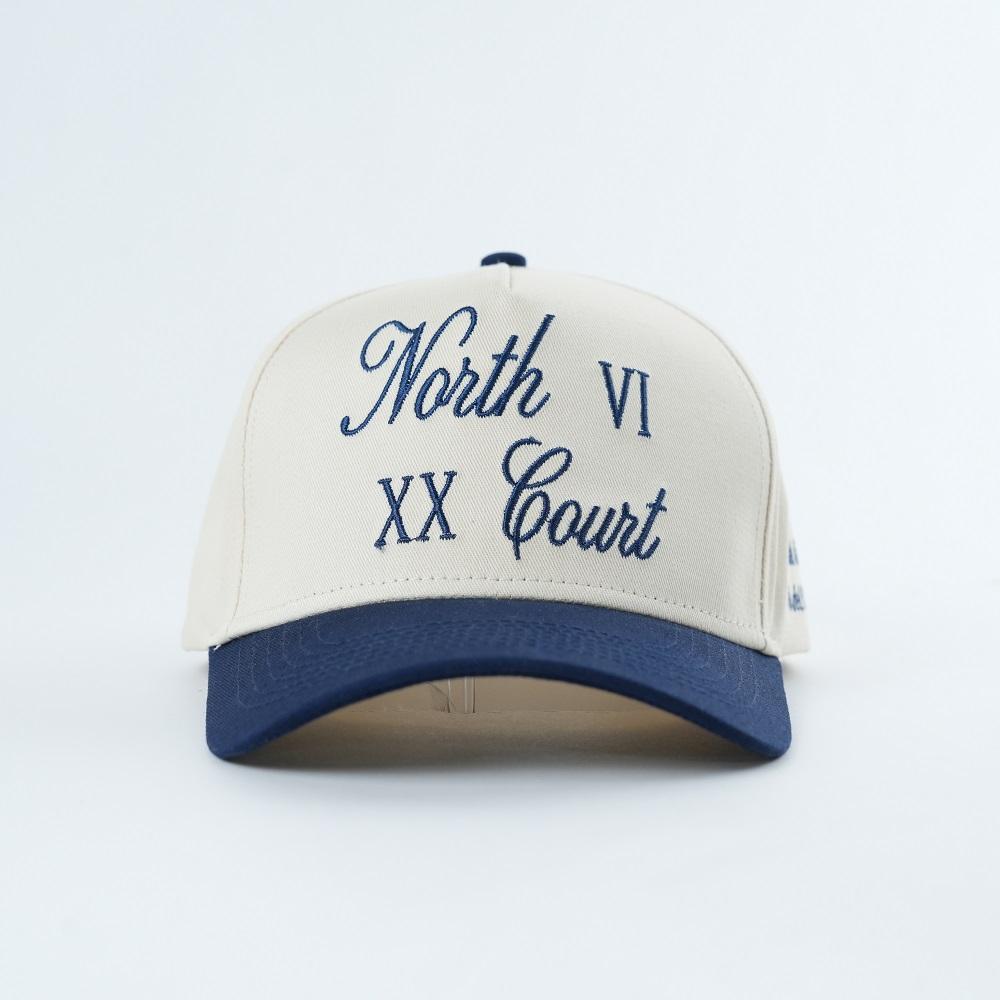 Cream and Navy Five Panel Baseball Cap with Script Roman Numeral Embroidery