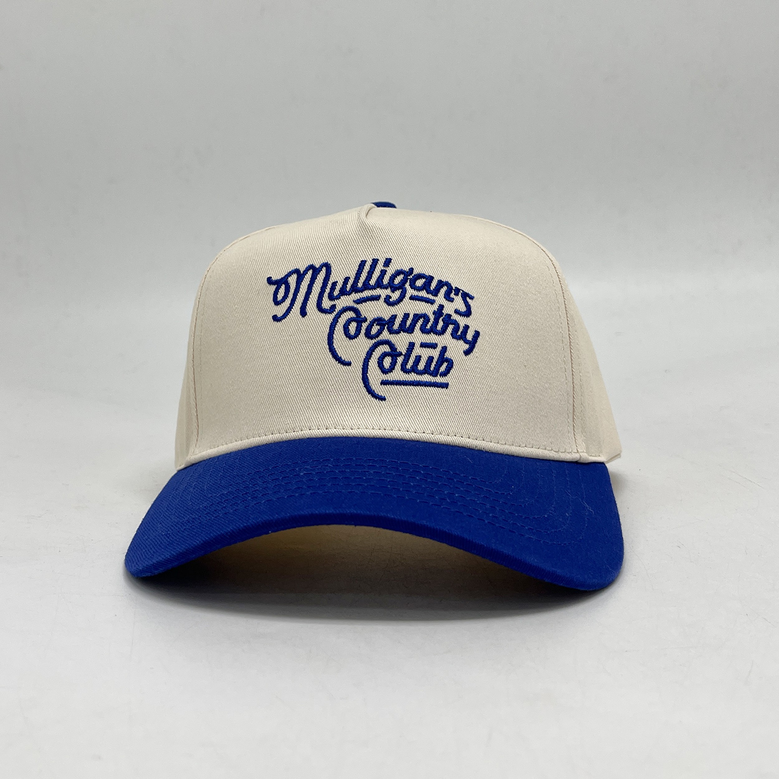 Ivory and Royal Blue Five-Panel Cotton Twill Cap with Mulligans Script Embroidery