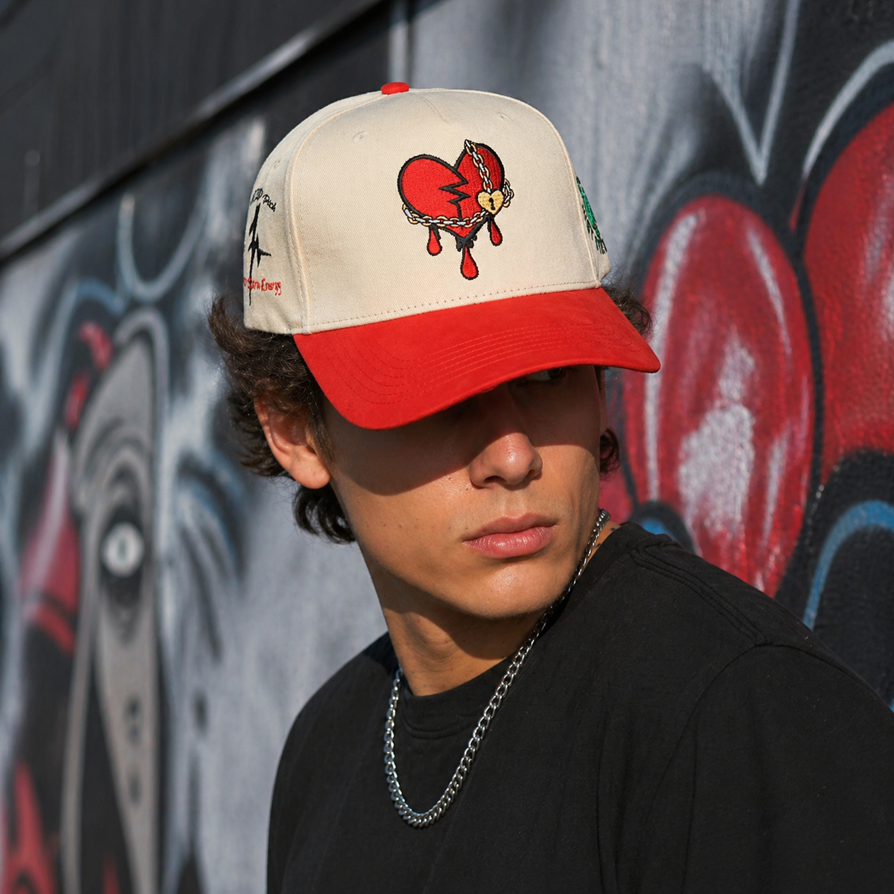 Red and Cream Broken Heart Embroidered Two Tone Baseball Cap
