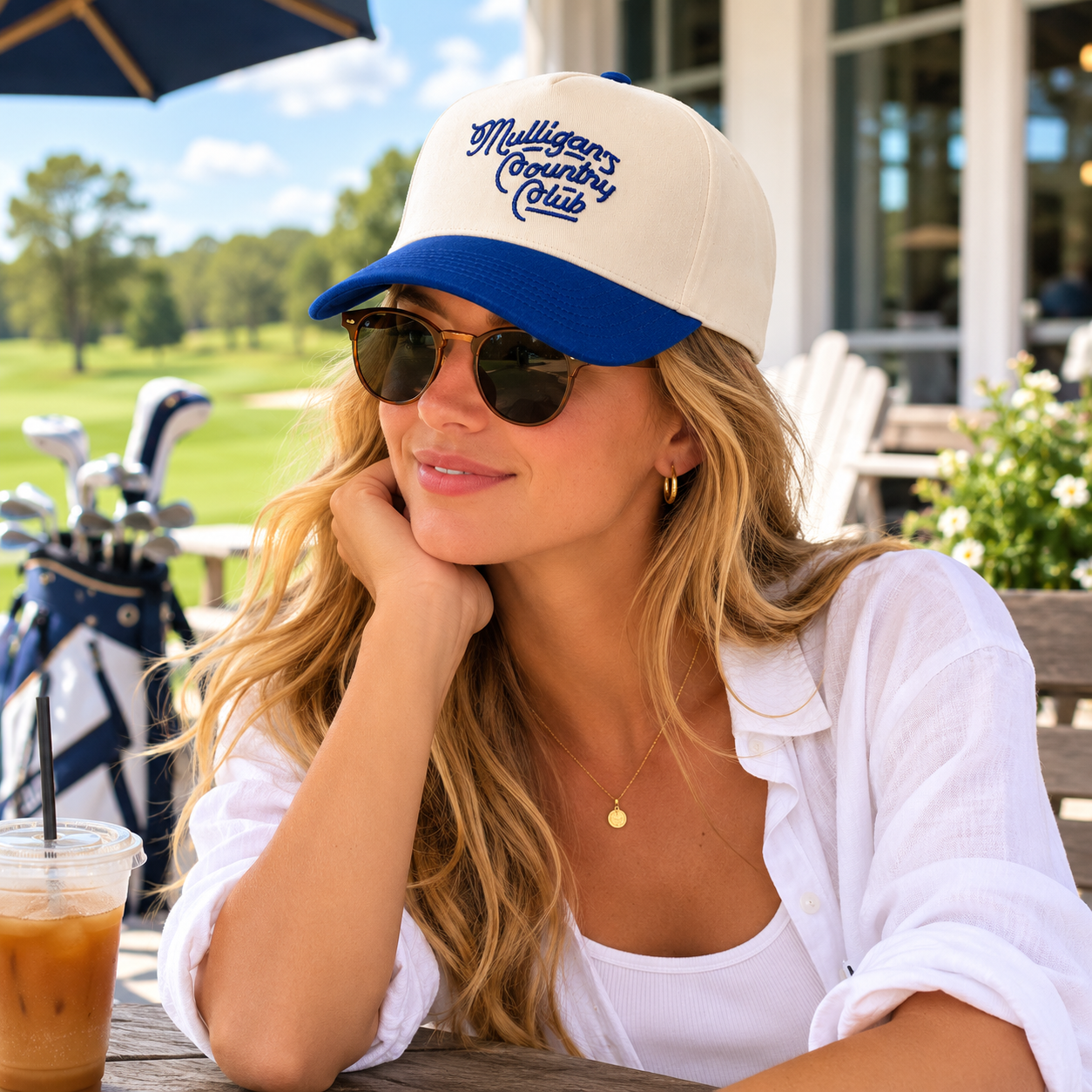 Ivory and Royal Blue Five-Panel Cotton Twill Cap with Mulligans Script Embroidery