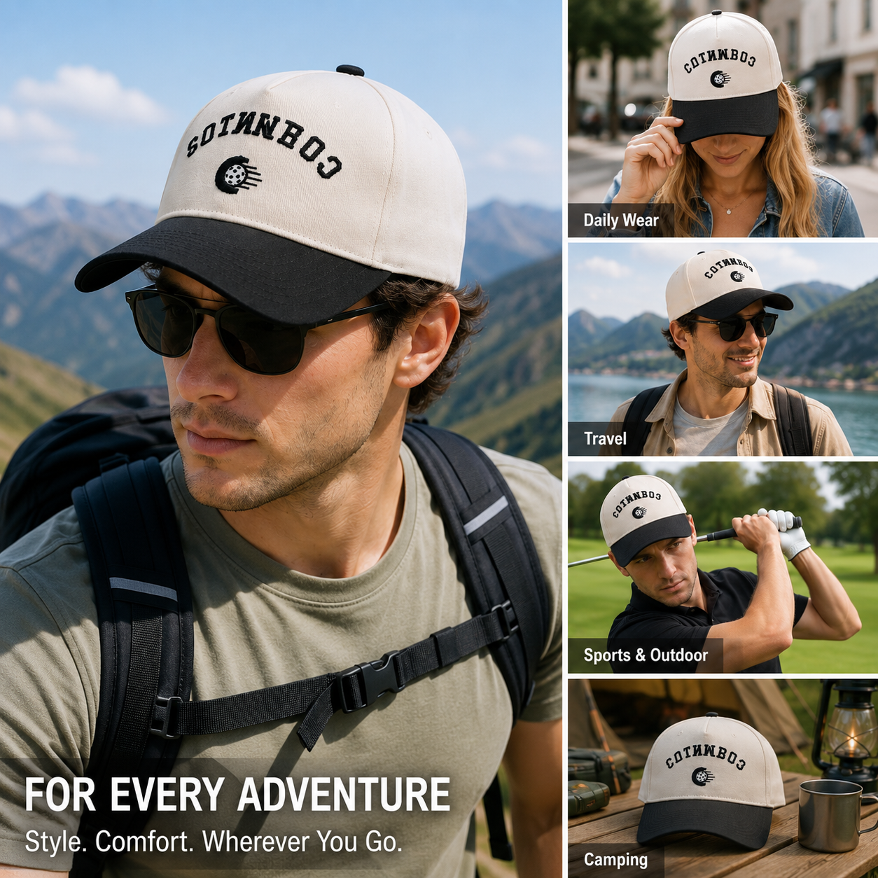 Cream Black Two Tone Cotton Twill Baseball Cap with Columbus Embroidery
