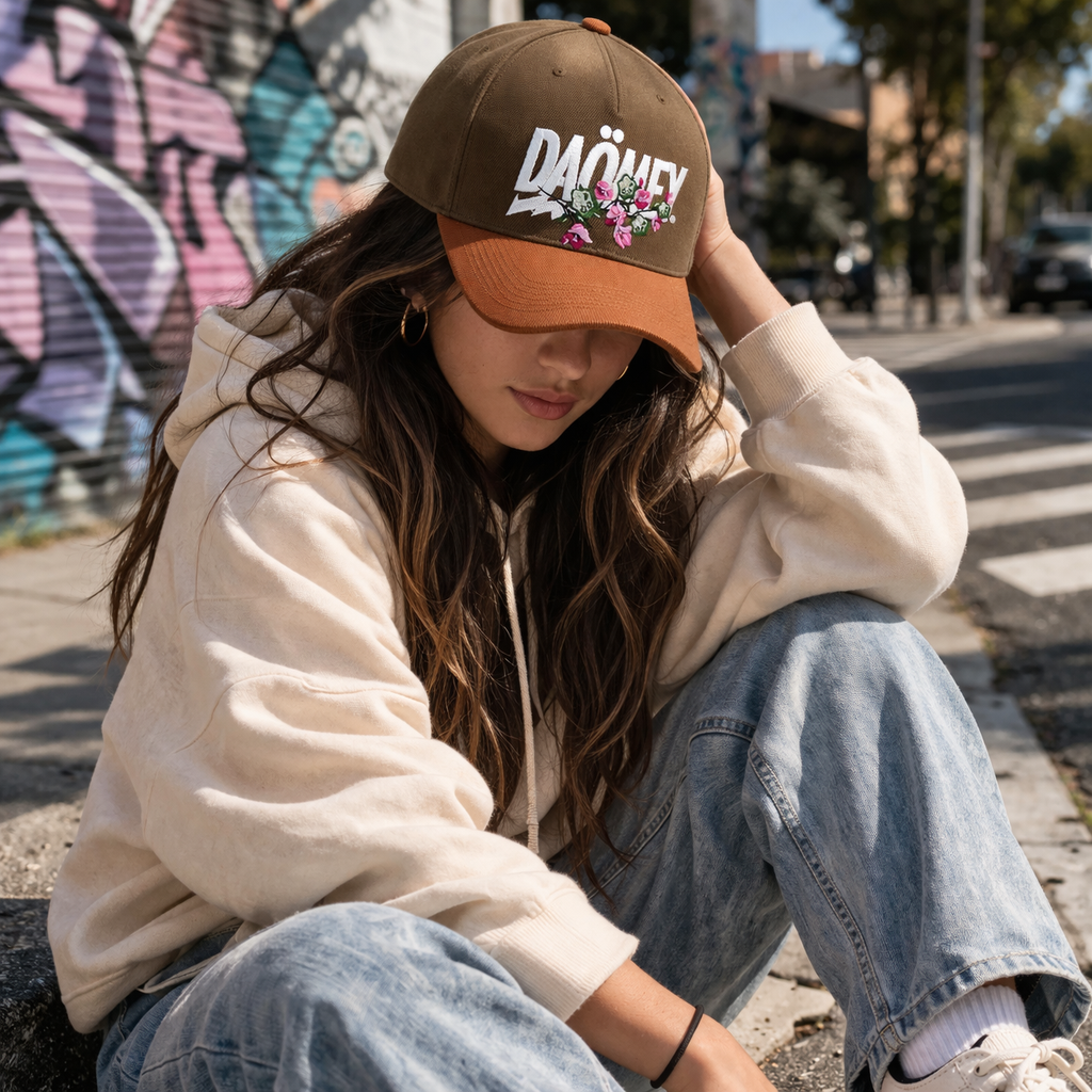 Brown Two Tone Floral Embroidered Letter Baseball Cap Adjustable Cotton Hat