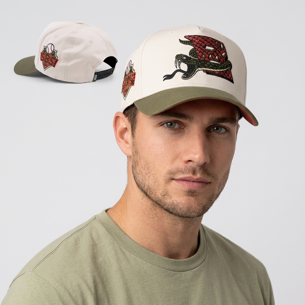 Two-Tone Cotton Twill Baseball Cap with Snake Front Embroidery