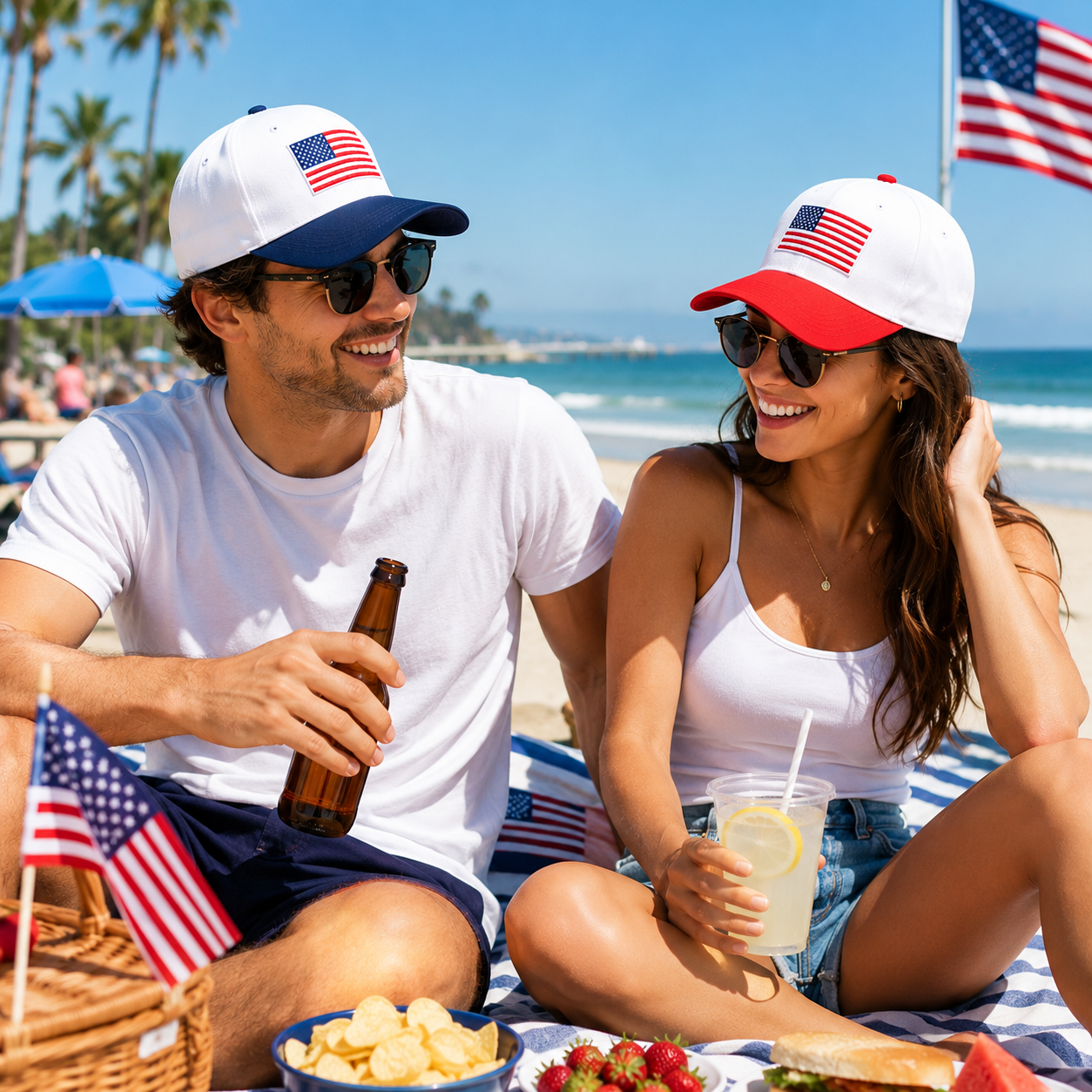 White Two Tone Cotton Twill Baseball Caps with Embroidered USA Flag Patch