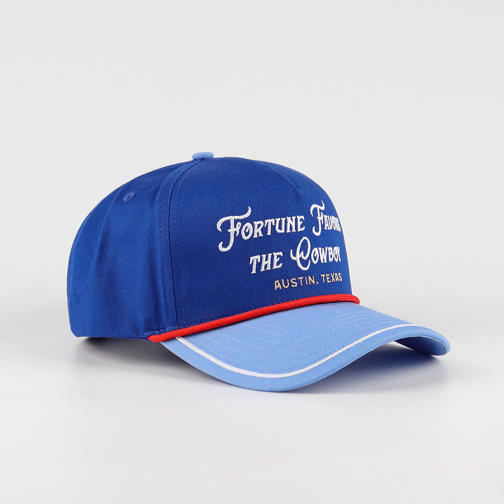 Blue Two Tone Cotton Twill Baseball Cap with Fortune Favors The Cowboy Embroidered Logo