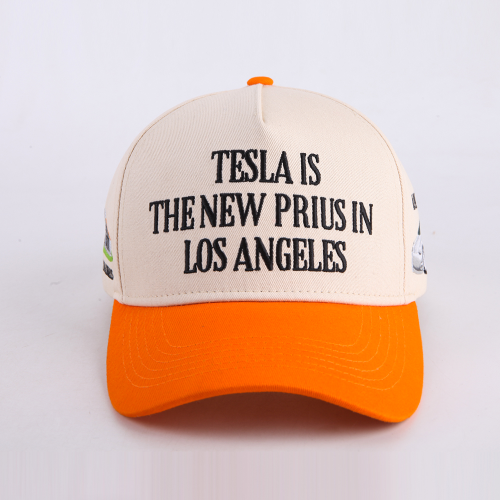 Cream and Orange Five Panel Baseball Cap with Black Statement Embroidery