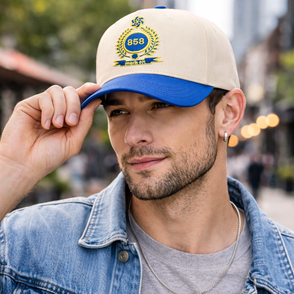 Blue and Beige 858 Crest Embroidered Baseball Cap