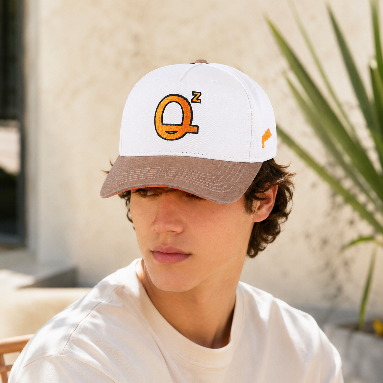 White and Khaki Embroidered Logo Five-Panel Baseball Cap