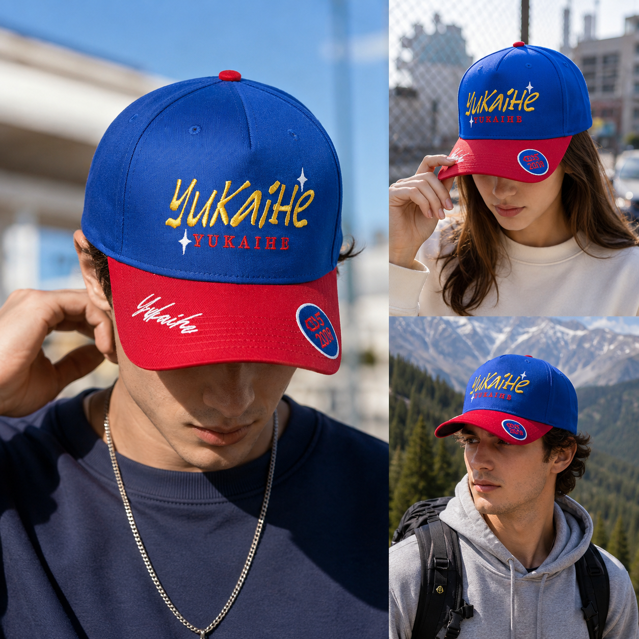 Blue and Red Flat Embroidered Five-Panel Baseball Cap