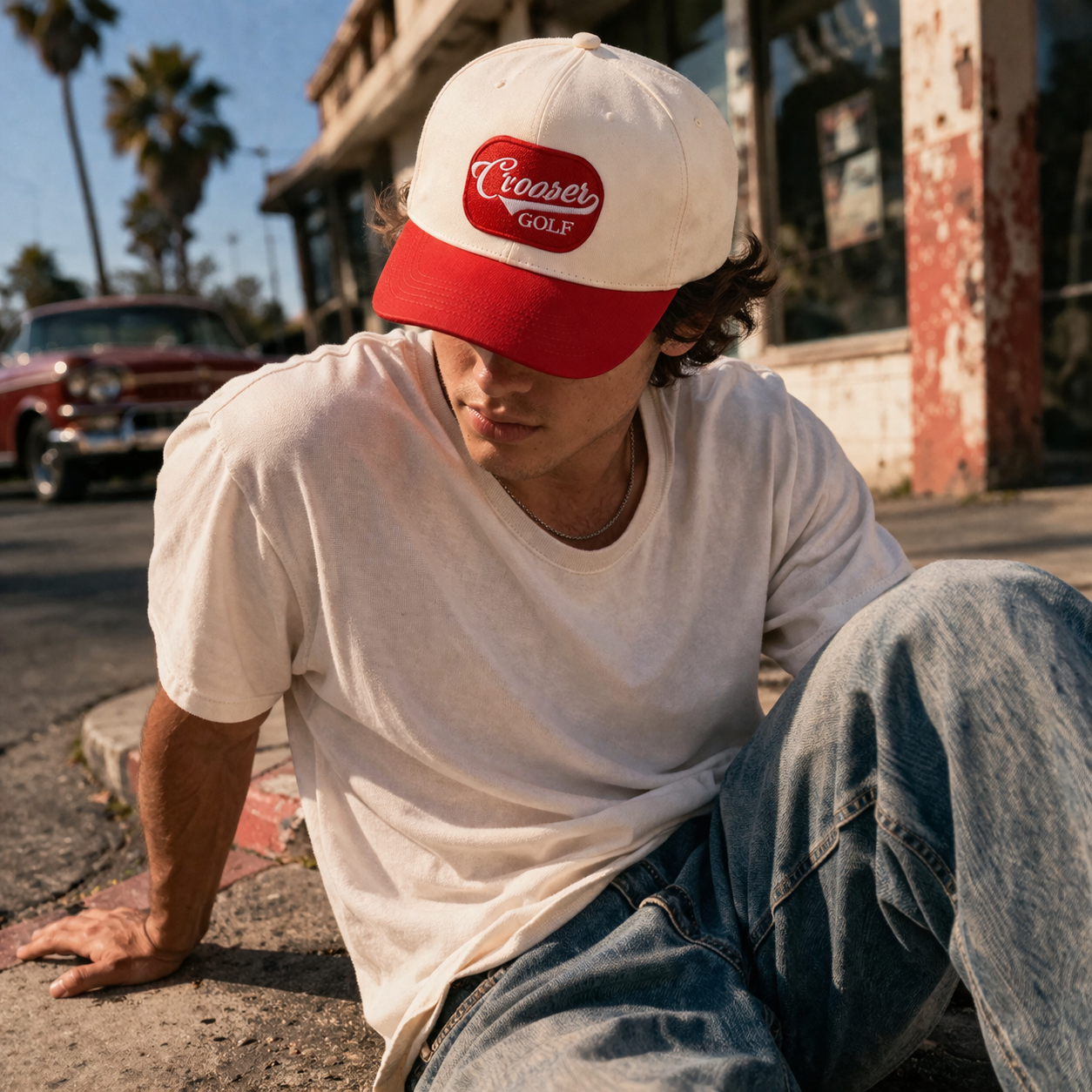 Rooster Golf Two Tone Embroidered Baseball Cap Cream Red