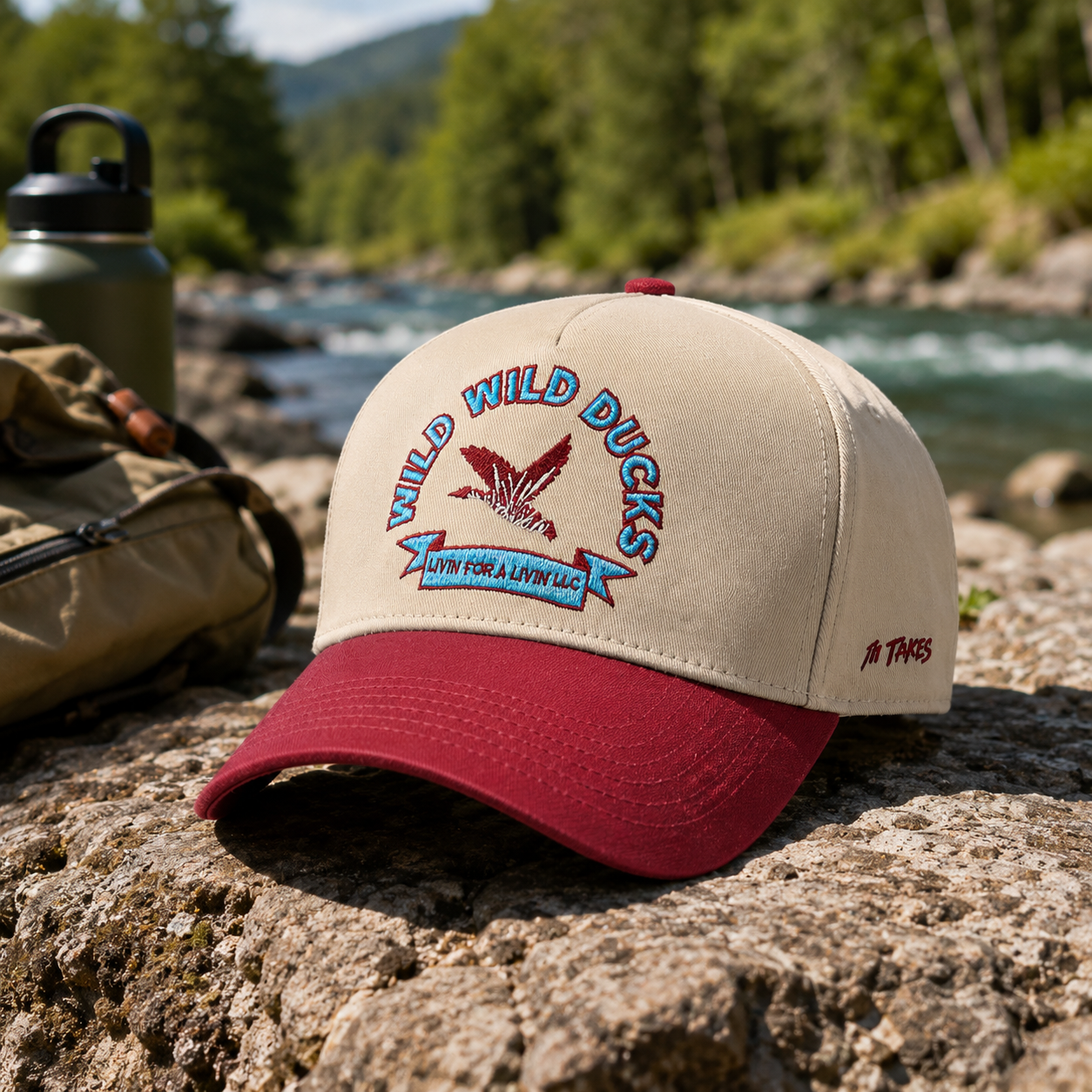 Beige and Red Wild Ducks Embroidered Two-Tone Baseball Cap