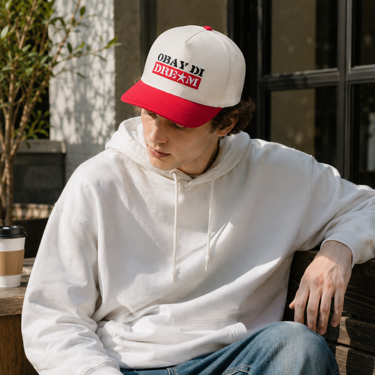 Cream and Red Two Tone Baseball Cap with Dream Embroidery