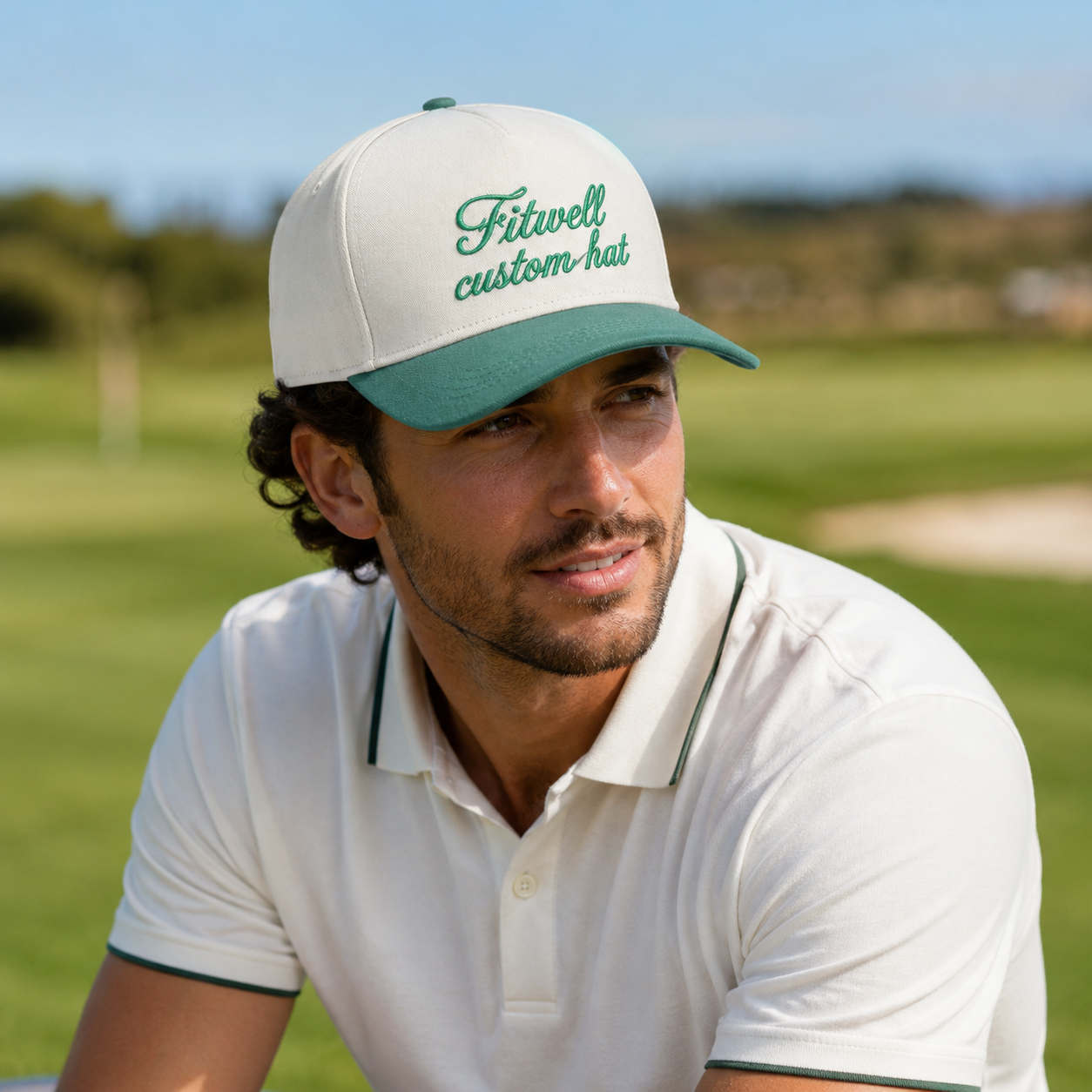 Cream and Green Two-Tone Script Embroidered Baseball Cap