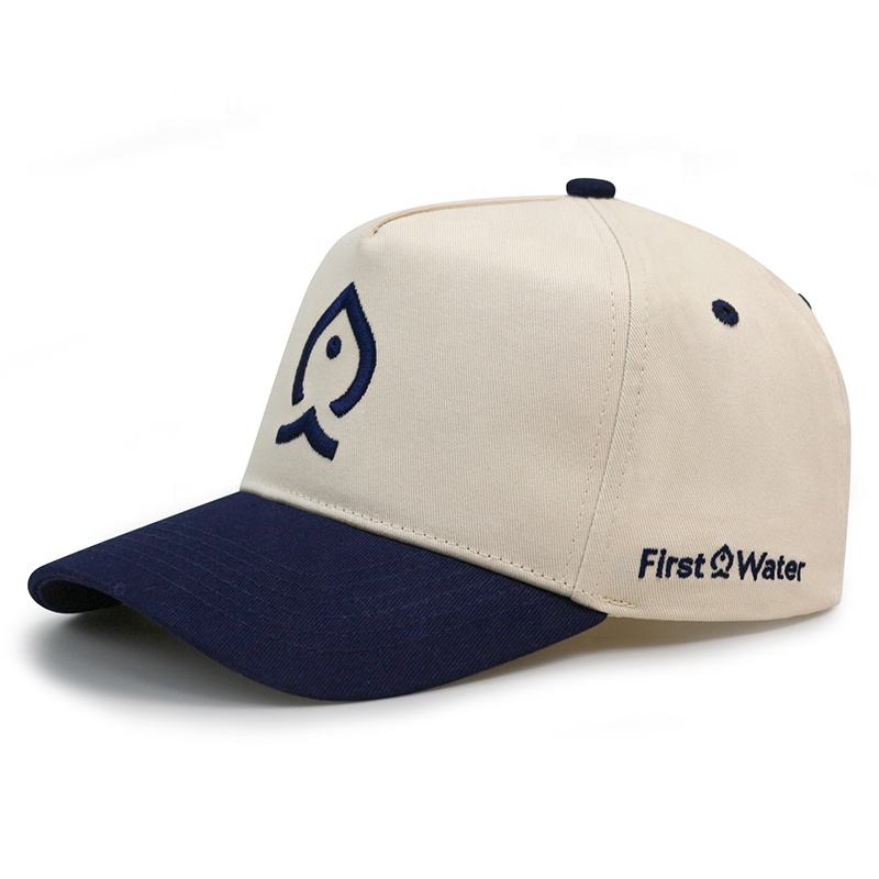 Cream and Navy Two-Tone 5-Panel Baseball Cap with Embroidered Water Drop Logo