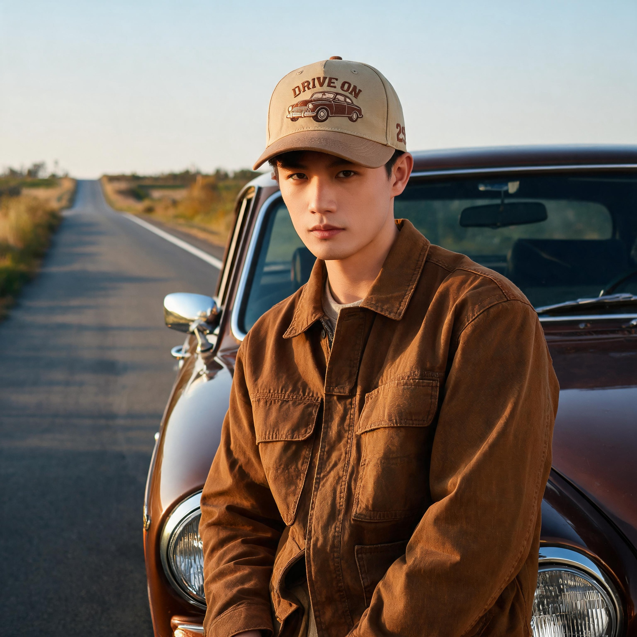 Vintage Beige and Brown Two Tone 5 Panel Cotton Twill Baseball Cap with Classic Car Embroidery